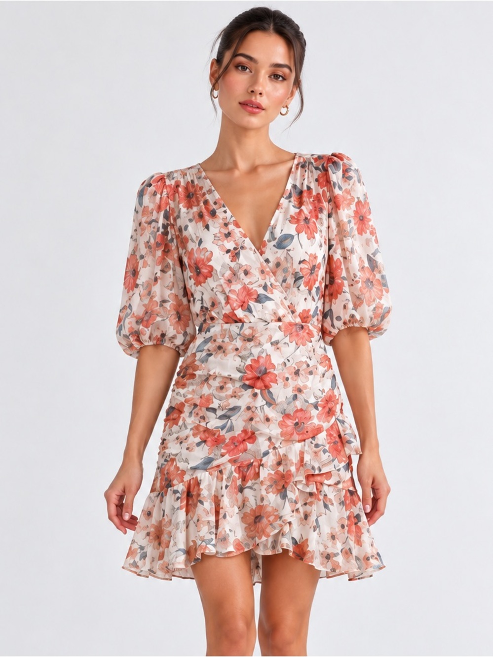 REBECCA TAYLOR Silk Amelia Coral & Cream Floral Mini Dress
